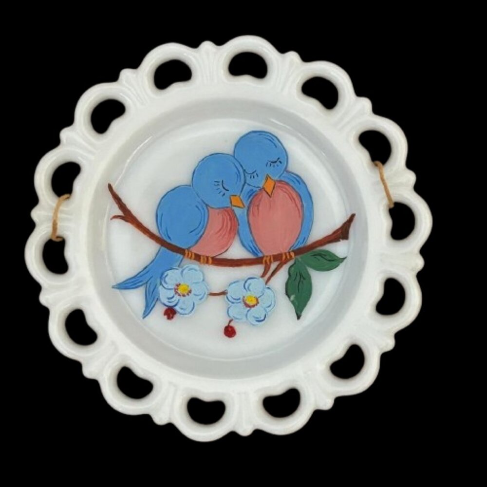 Vintage 1950's "Bluebird of Happiness" Hand Painted Milk Glass Plates Set of 2 - Picture 2 of 8